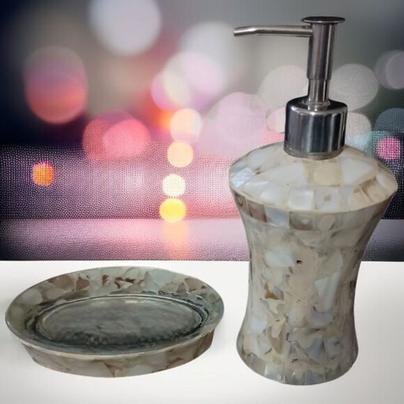 Capiz Shell Mosaic Soap Dispenser Set Of 2 Dish Mother Of Pearl Glass Bathroom.  - Picture 12 of 16